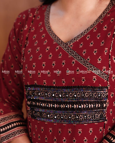 Ajrakh Cotton 3-Panel Kurti | Beaded Yoke + Contrast Piping | Brick Red