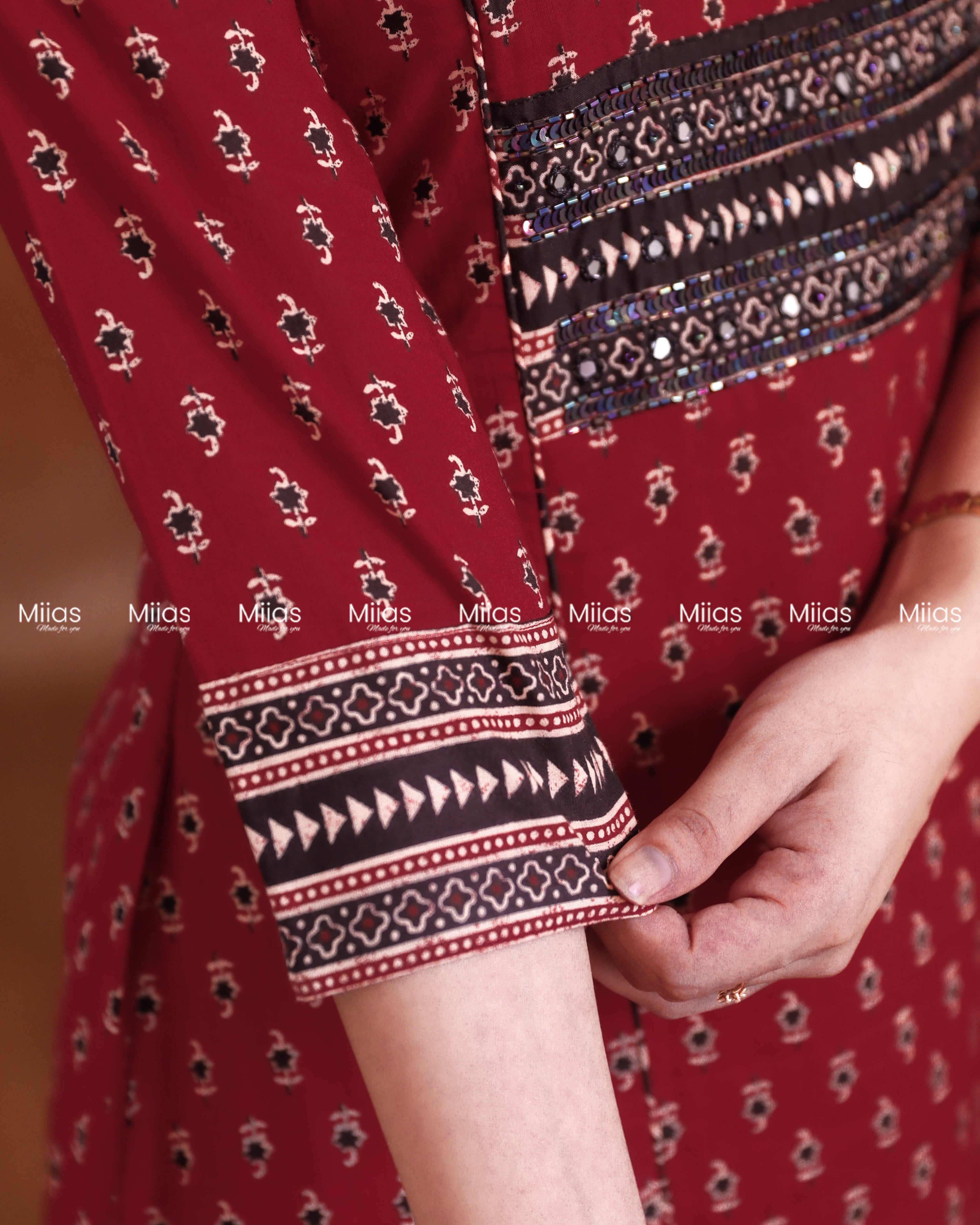 Ajrakh Cotton 3-Panel Kurti | Beaded Yoke + Contrast Piping | Brick Red
