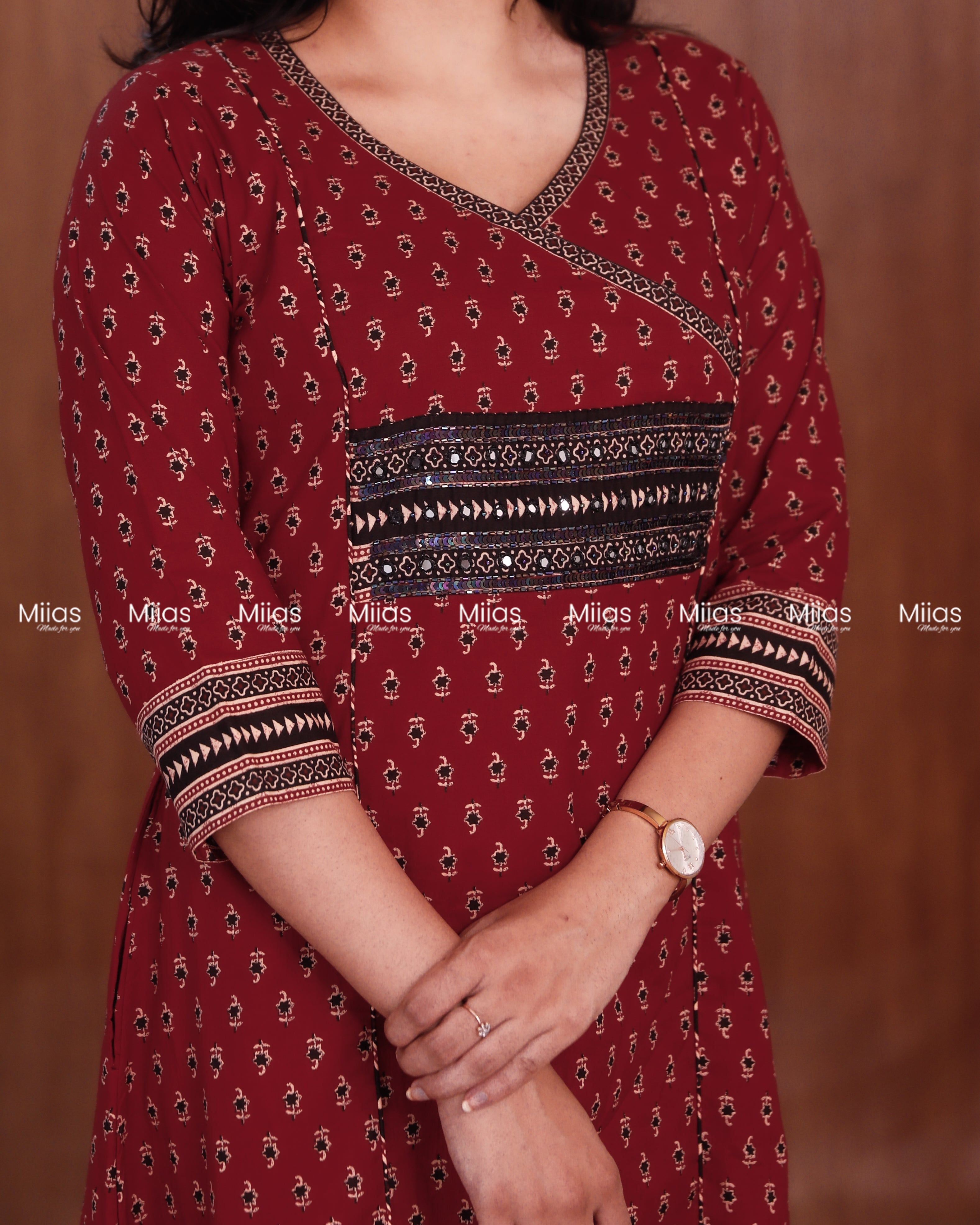 Ajrakh Cotton 3-Panel Kurti | Beaded Yoke + Contrast Piping | Brick Red