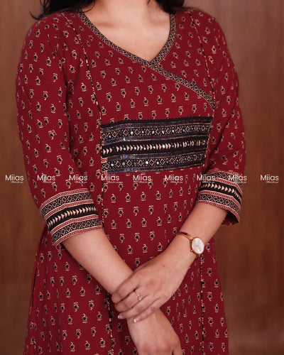 Ajrakh Cotton 3-Panel Kurti | Beaded Yoke + Contrast Piping | Brick Red