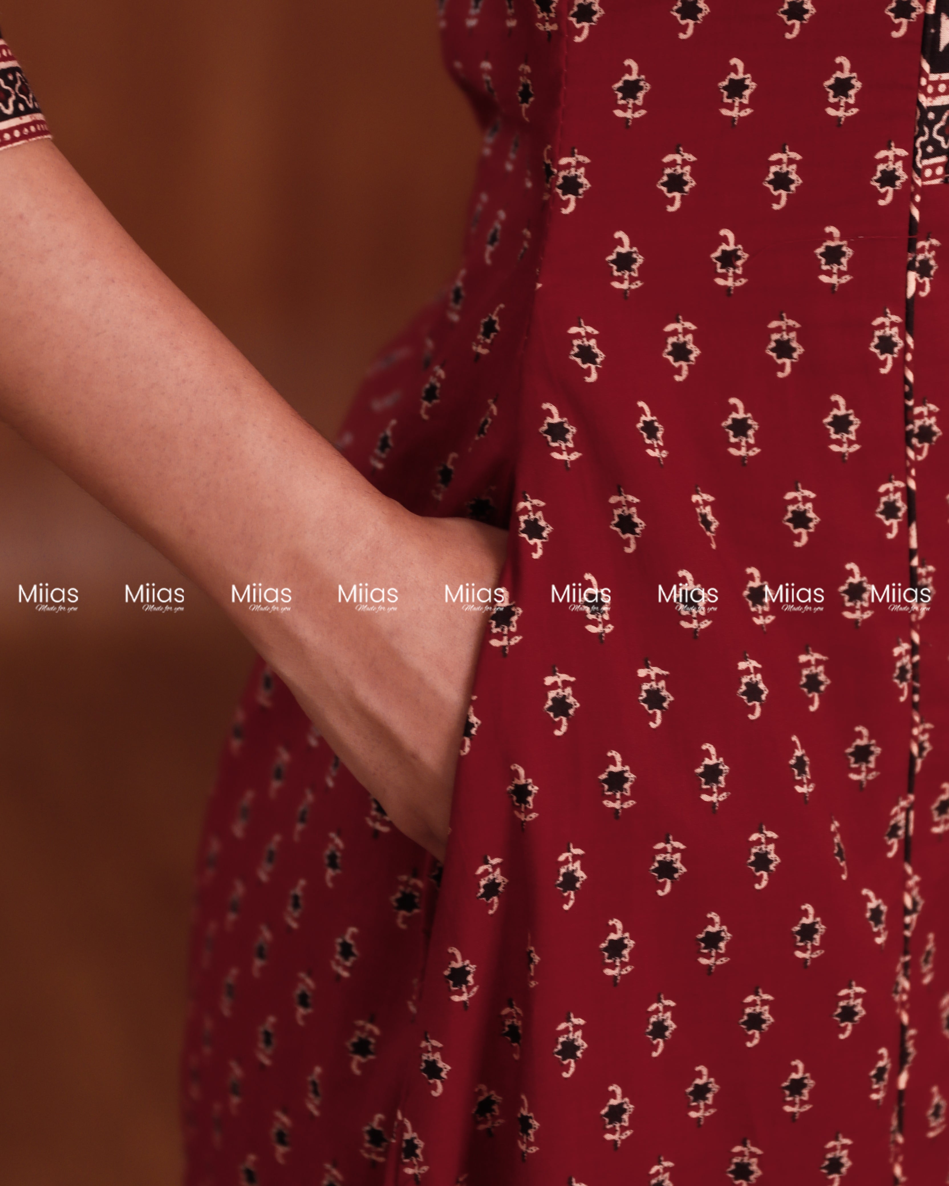 Ajrakh Cotton 3-Panel Kurti | Beaded Yoke + Contrast Piping | Brick Red