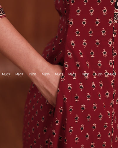 Ajrakh Cotton 3-Panel Kurti | Beaded Yoke + Contrast Piping | Brick Red