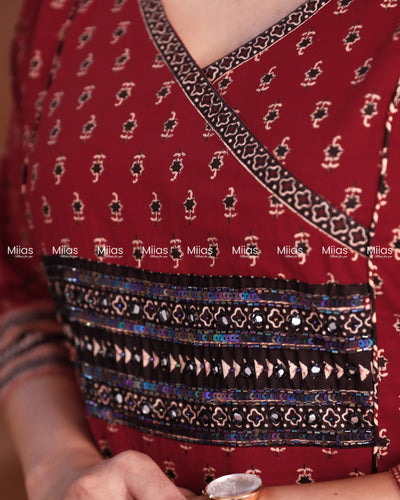 Ajrakh Cotton 3-Panel Kurti | Beaded Yoke + Contrast Piping | Brick Red