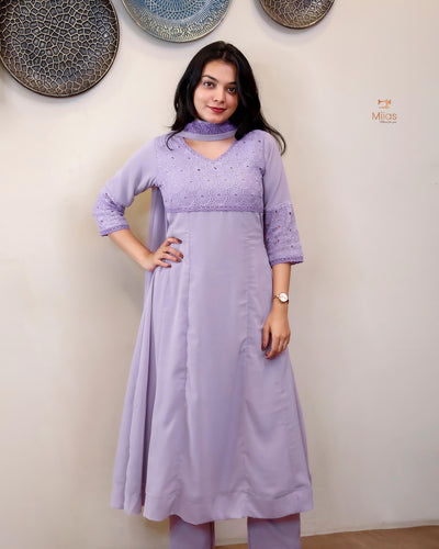 Georgette Hakoba Embroidered Top, Dupatta & Crepe Pant-Lavender.