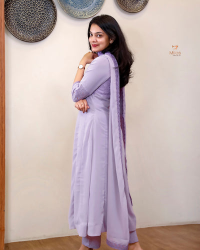 Georgette Hakoba Embroidered Top, Dupatta & Crepe Pant-Lavender.