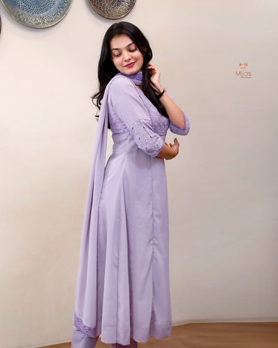 Georgette Hakoba Embroidered Top, Dupatta & Crepe Pant-Lavender.