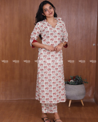 Jaipur Cotton Co-ord Set | Slit Top + Parallel Bottoms | Off-white