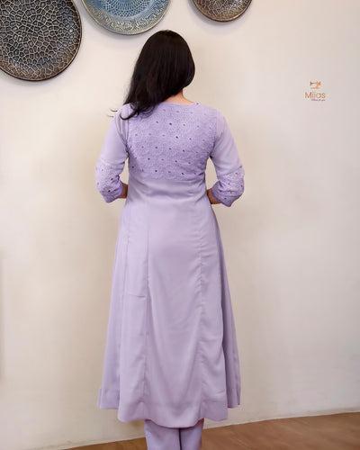 Georgette Hakoba Embroidered Top, Dupatta & Crepe Pant-Lavender.