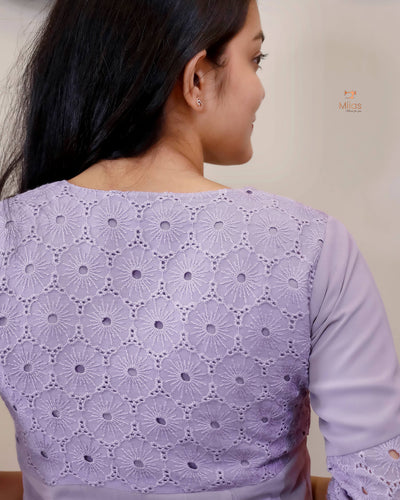 Georgette Hakoba Embroidered Top, Dupatta & Crepe Pant-Lavender.