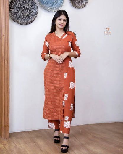 Premium Cotton Co-ord Set: Slit Top & Pocketed Bottom-Carrot Orange.