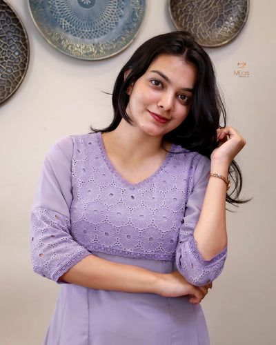 Georgette Hakoba Embroidered Top, Dupatta & Crepe Pant-Lavender.