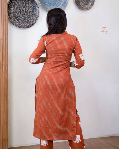 Premium Cotton Co-ord Set: Slit Top & Pocketed Bottom-Carrot Orange.