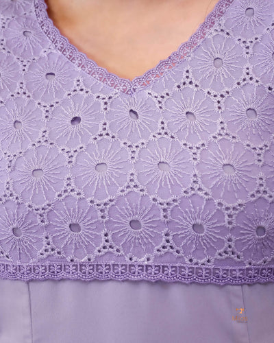 Georgette Hakoba Embroidered Top, Dupatta & Crepe Pant-Lavender.