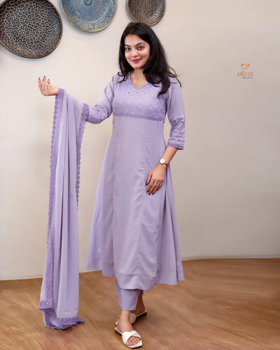 Georgette Hakoba Embroidered Top, Dupatta & Crepe Pant-Lavender.