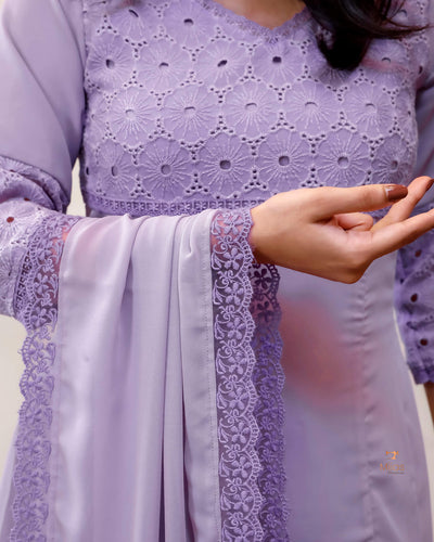Georgette Hakoba Embroidered Top, Dupatta & Crepe Pant-Lavender.