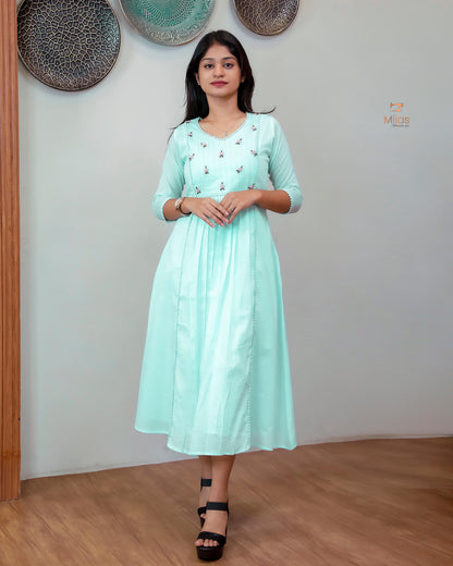 Mulcotton 3-Panel Dress Kurti | Pintuck & Bullion Work-Powder Blue.