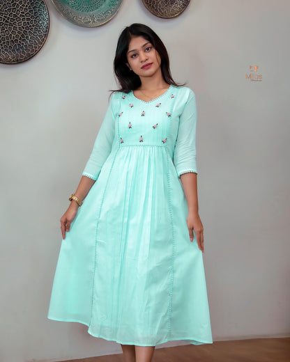 Mulcotton 3-Panel Dress Kurti | Pintuck & Bullion Work-Powder Blue.