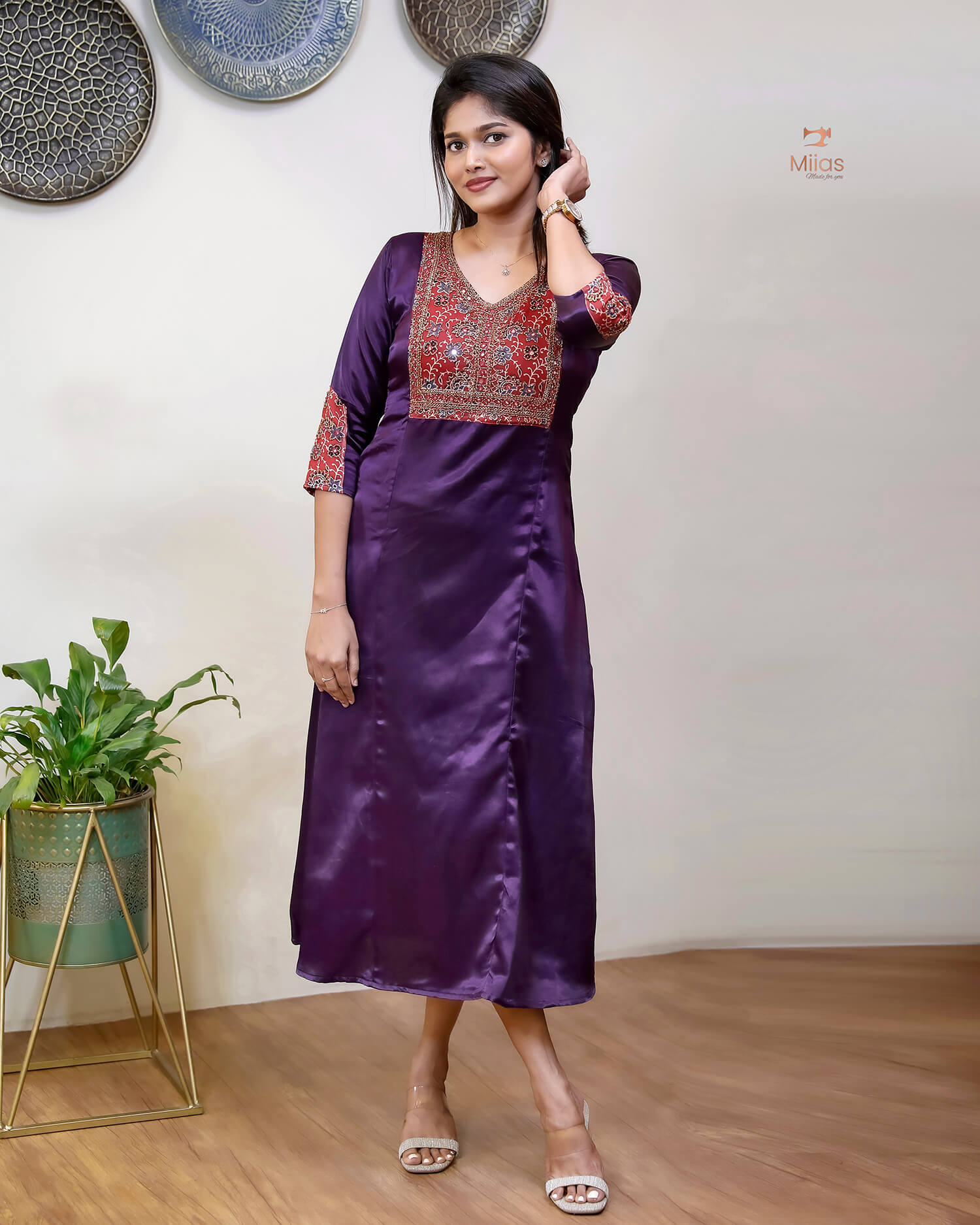 Mashru Silk Dress Kurti with Modal Silk with Beaded Mirror Work