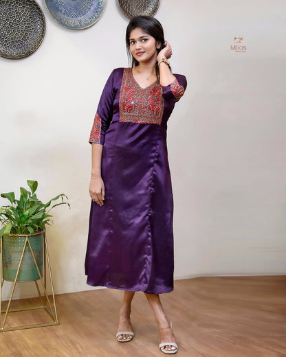 Mashru Silk Dress Kurti with Modal Silk with Beaded Mirror Work