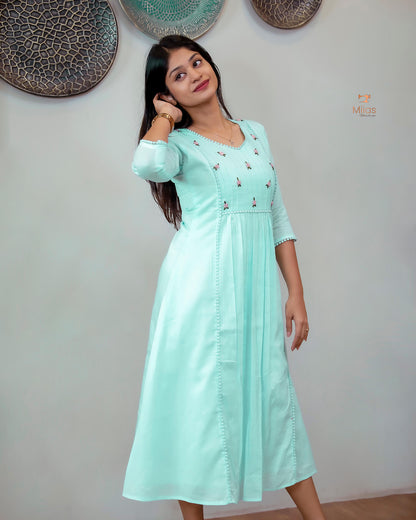 Mulcotton 3-Panel Dress Kurti | Pintuck & Bullion Work-Powder Blue.