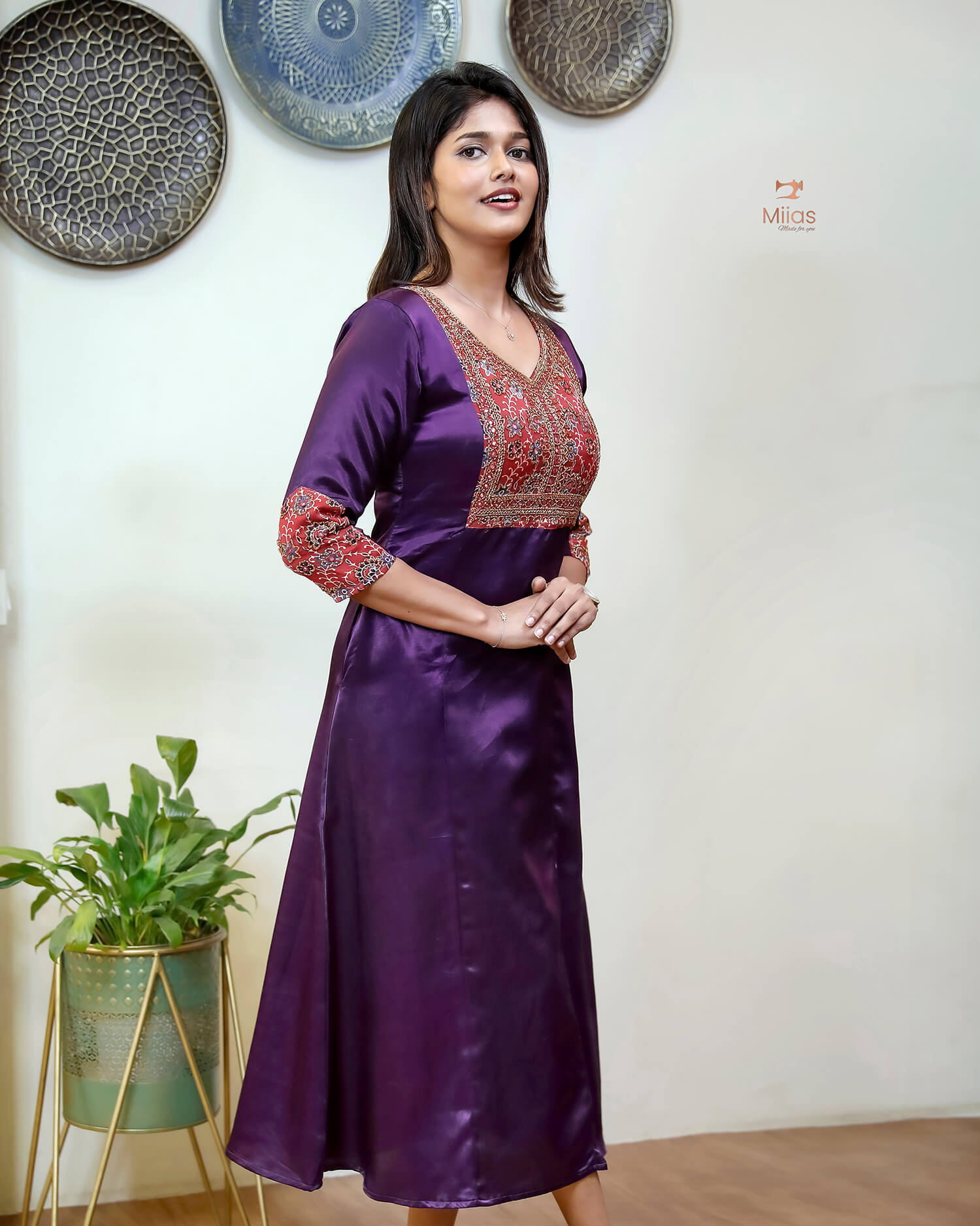 Mashru Silk Dress Kurti with Modal Silk with Beaded Mirror Work