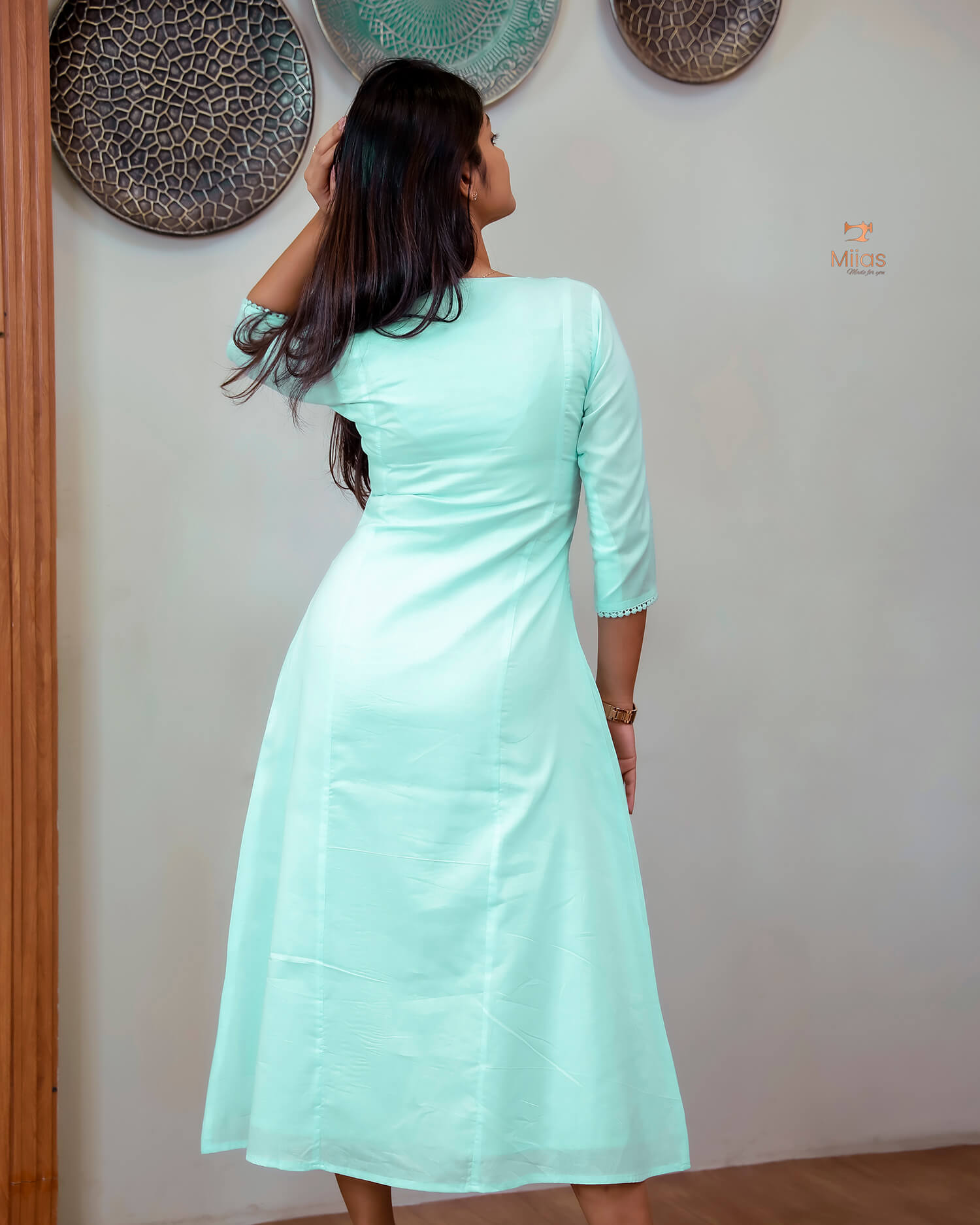 Mulcotton 3-Panel Dress Kurti | Pintuck & Bullion Work-Powder Blue.