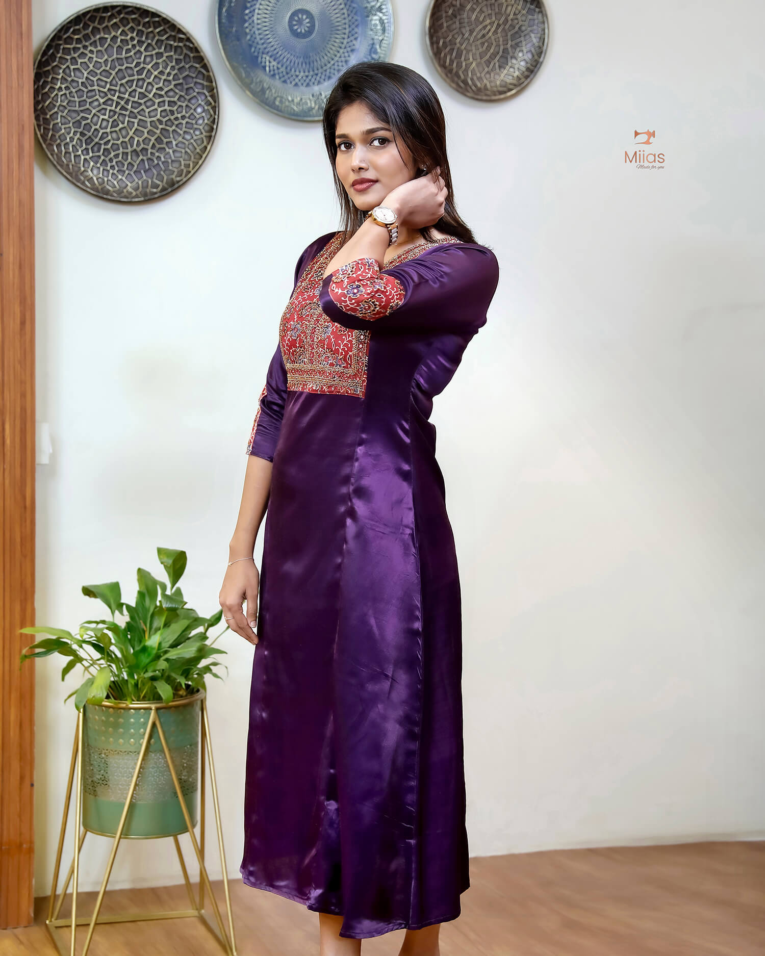 Mashru Silk Dress Kurti with Modal Silk with Beaded Mirror Work