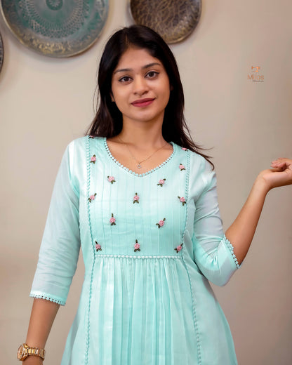 Mulcotton 3-Panel Dress Kurti | Pintuck & Bullion Work-Powder Blue.