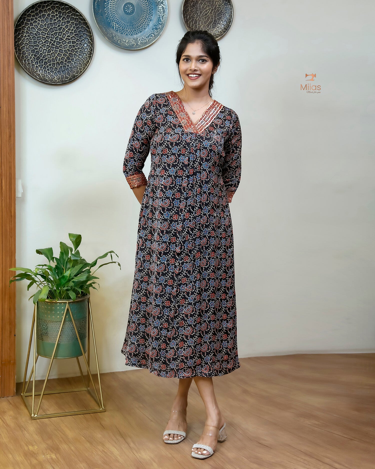 Modal Silk Kurti with Sequined Zari Neckline & Pleats