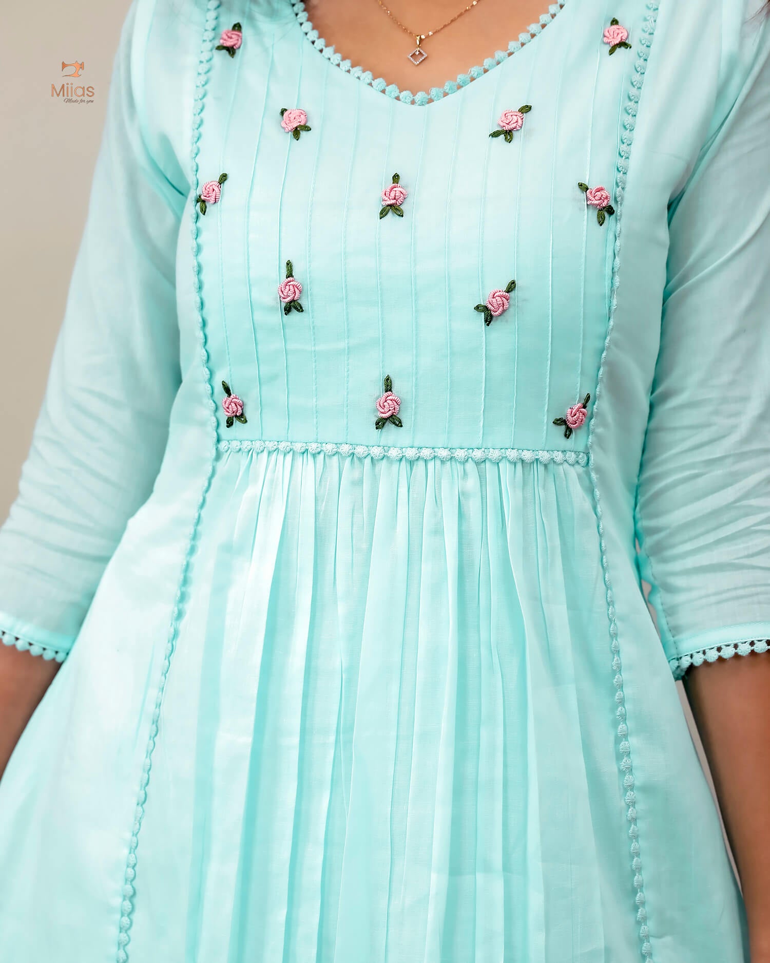 Mulcotton 3-Panel Dress Kurti | Pintuck & Bullion Work-Powder Blue.