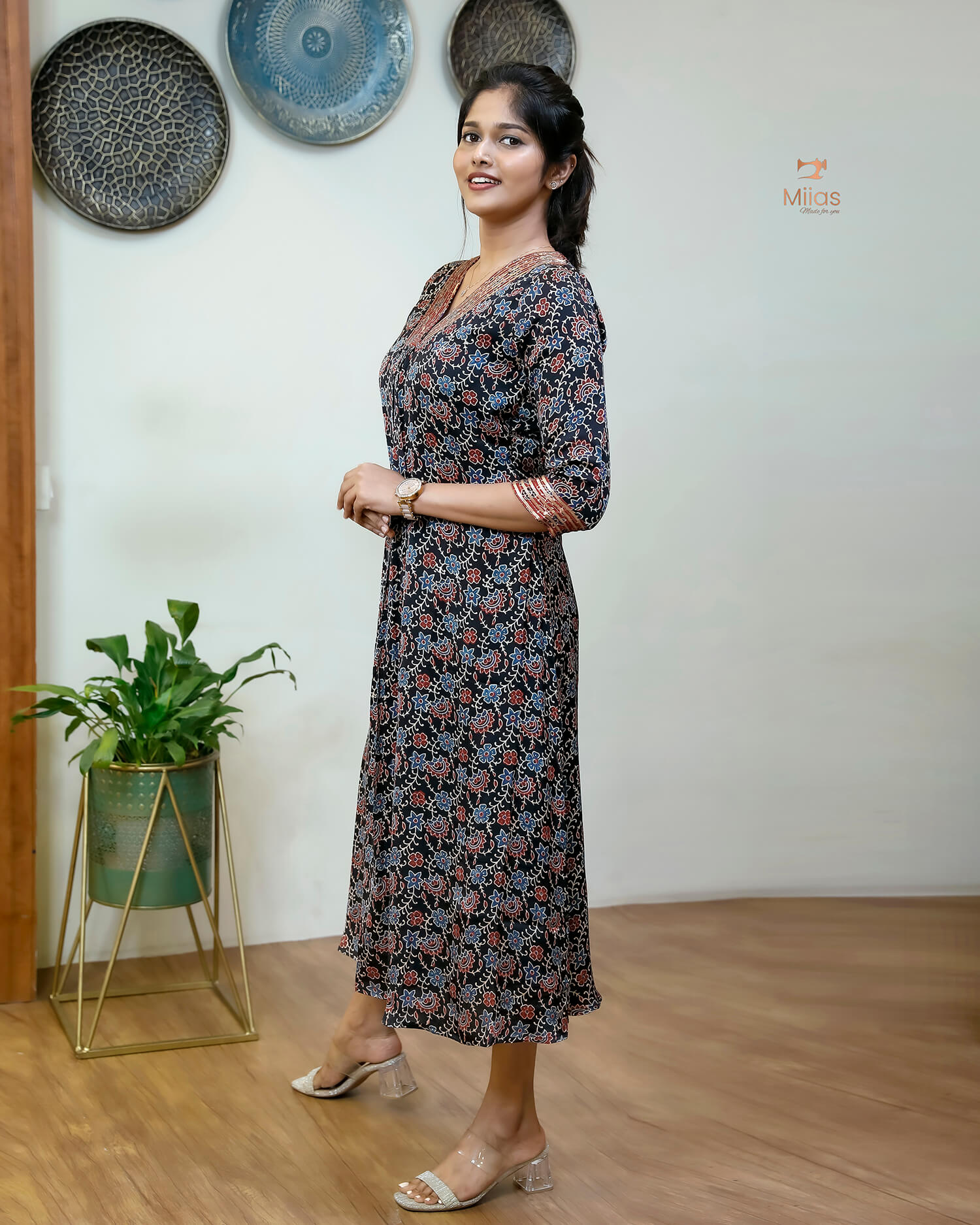 Modal Silk Kurti with Sequined Zari Neckline & Pleats