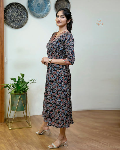 Modal Silk Kurti with Sequined Zari Neckline & Pleats