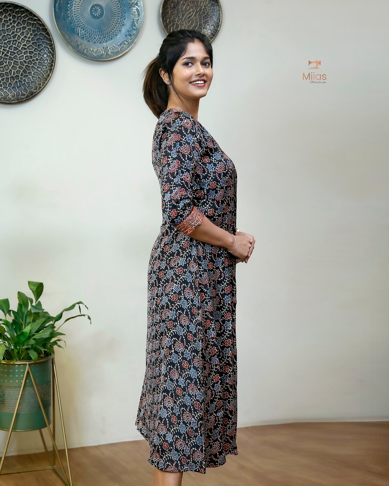 Modal Silk Kurti with Sequined Zari Neckline & Pleats