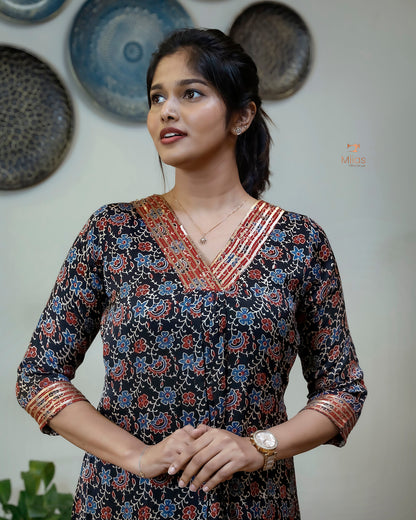 Modal Silk Kurti with Sequined Zari Neckline & Pleats