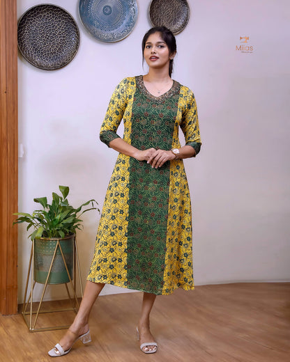 Modal Silk Printed Kurti | Contrast Panels & Sequins