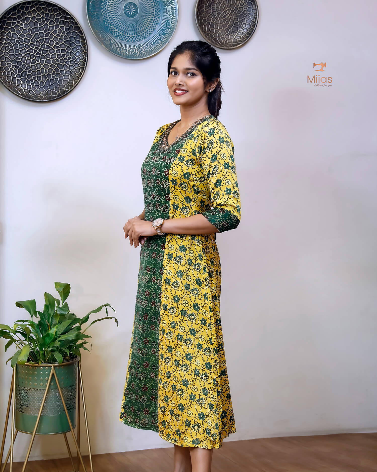 Modal Silk Printed Kurti | Contrast Panels & Sequins