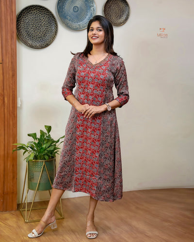 Modal Silk Printed Kurti | Contrast Panels & Sequins-Brown