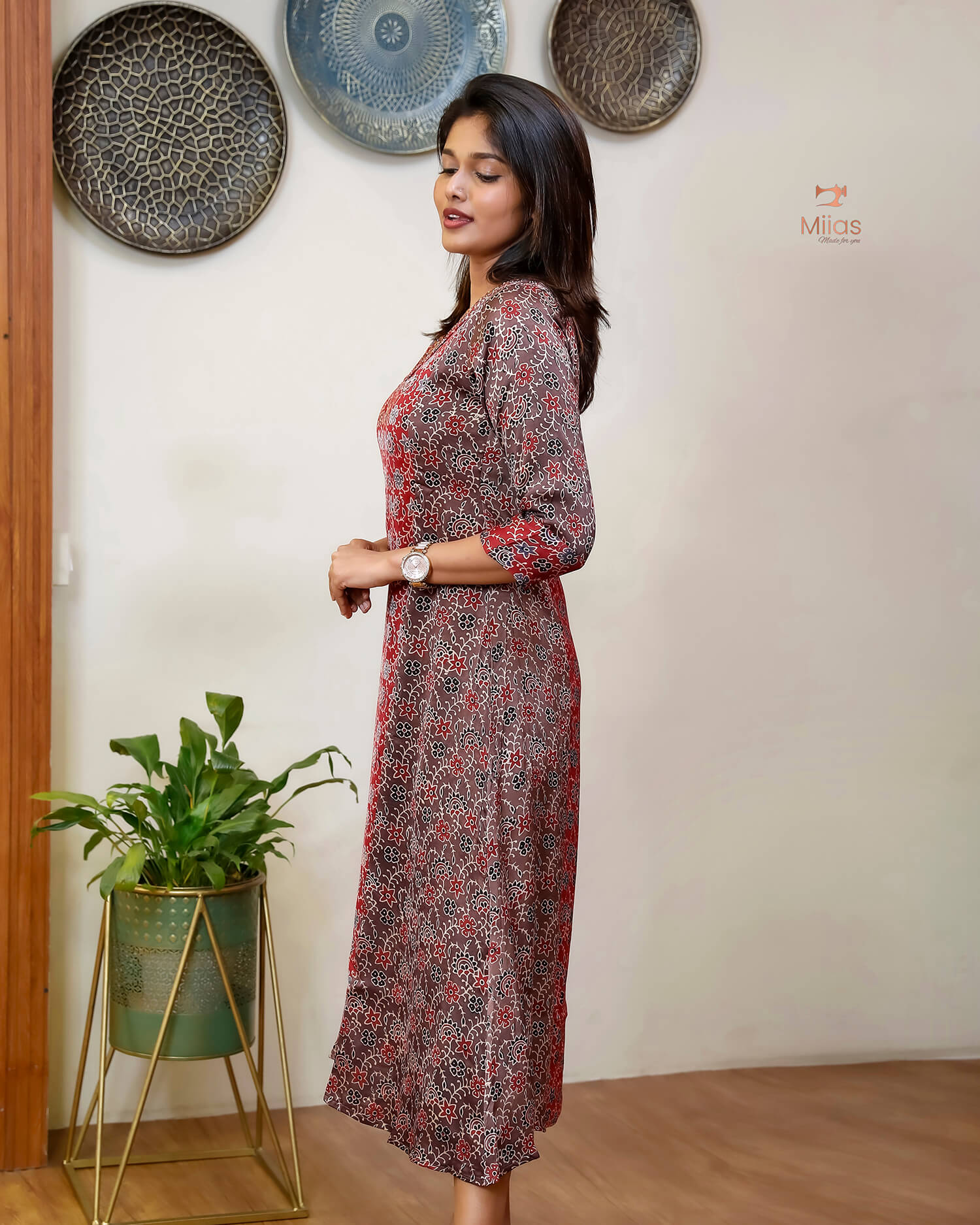 Modal Silk Printed Kurti | Contrast Panels & Sequins