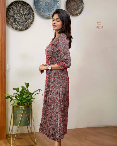 Modal Silk Printed Kurti | Contrast Panels & Sequins-Brown
