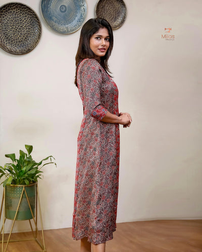 Modal Silk Printed Kurti | Contrast Panels & Sequins-Brown