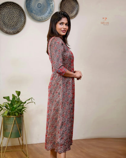Modal Silk Printed Kurti | Contrast Panels & Sequins