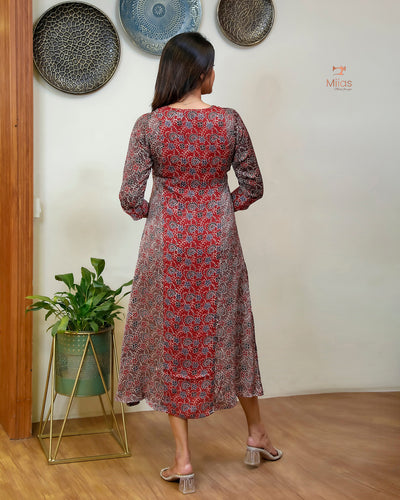 Modal Silk Printed Kurti | Contrast Panels & Sequins-Brown