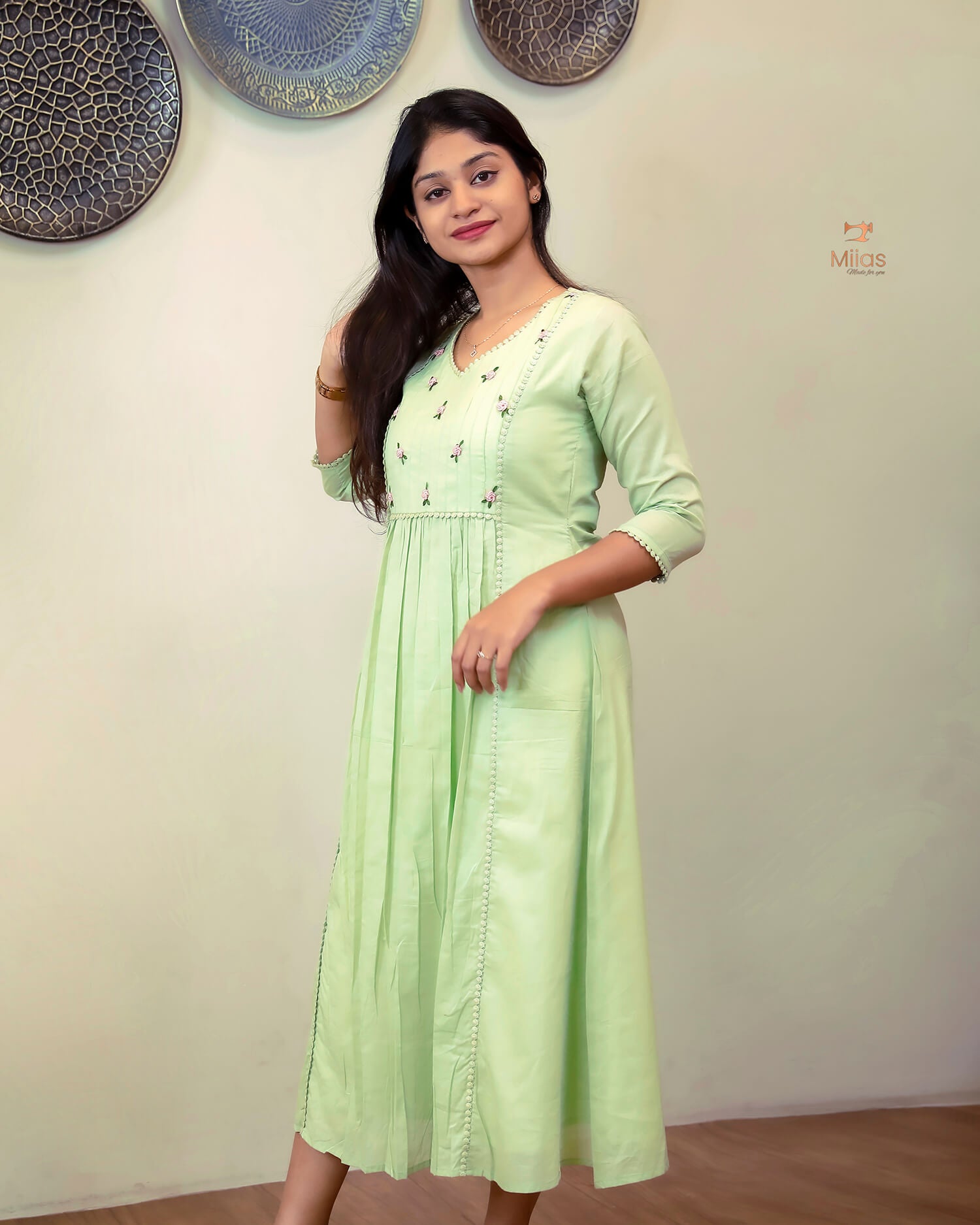 Mulcotton 3-Panel Dress Kurti | Pintuck & Bullion Work-Light Green.