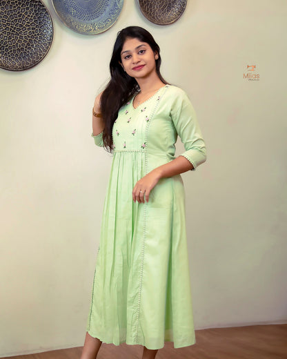 Mulcotton 3-Panel Dress Kurti | Pintuck & Bullion Work-Light Green.