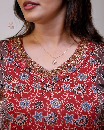 Modal Silk Printed Kurti | Contrast Panels & Sequins-Brown