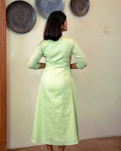 Mulcotton 3-Panel Dress Kurti | Pintuck & Bullion Work-Light Green.