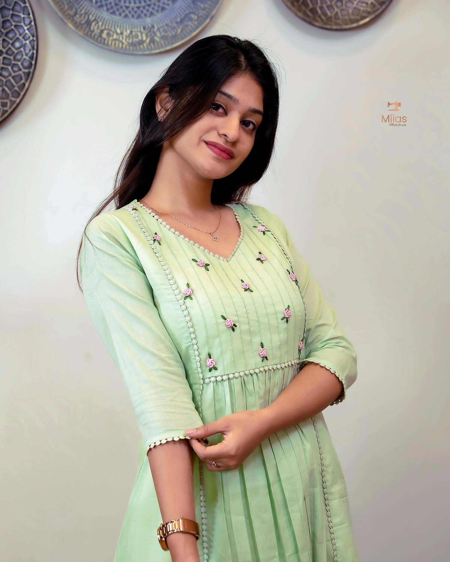 Mulcotton 3-Panel Dress Kurti | Pintuck & Bullion Work-Light Green.