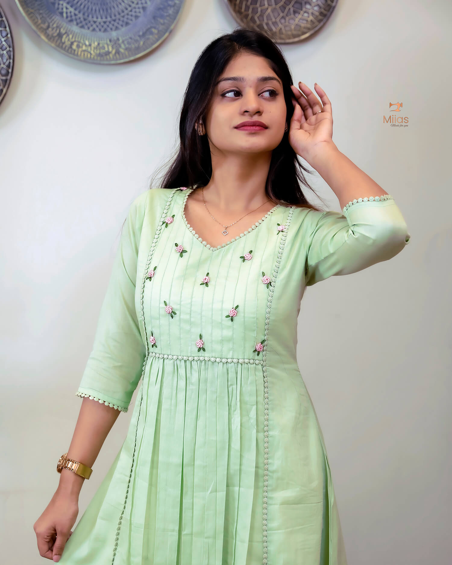 Mulcotton 3-Panel Dress Kurti | Pintuck & Bullion Work-Light Green.
