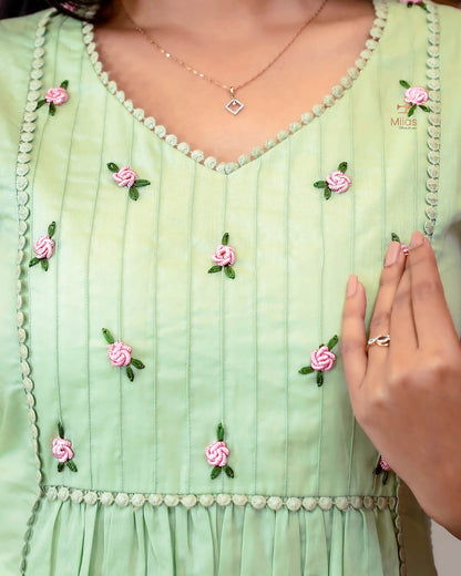 Mulcotton 3-Panel Dress Kurti | Pintuck & Bullion Work-Light Green.