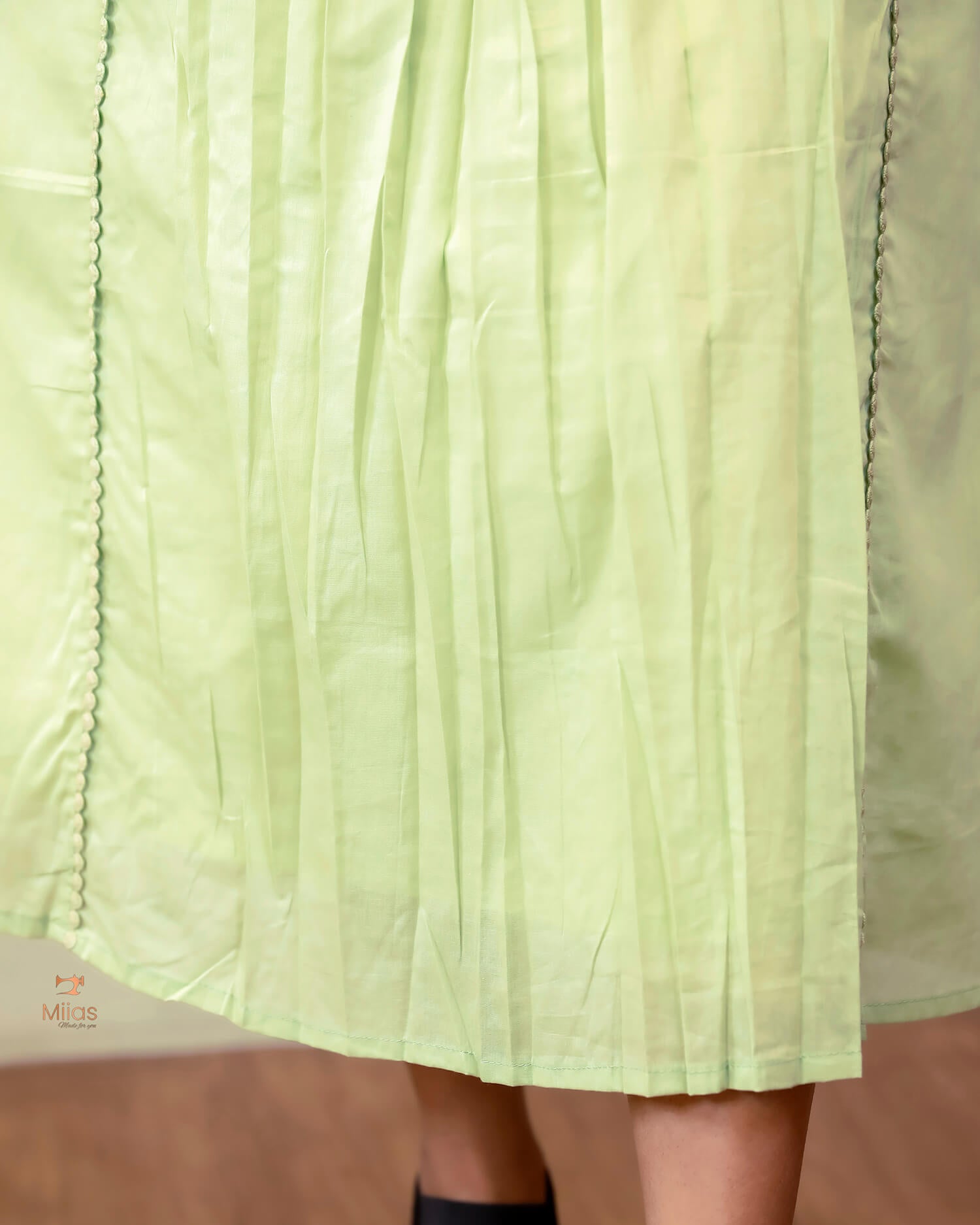 Mulcotton 3-Panel Dress Kurti | Pintuck & Bullion Work-Light Green.